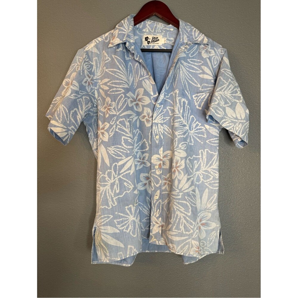 Hilo Hattie Mens L Aloha Shirt Made in Hawaii Light Blue Floral Tropical Camp